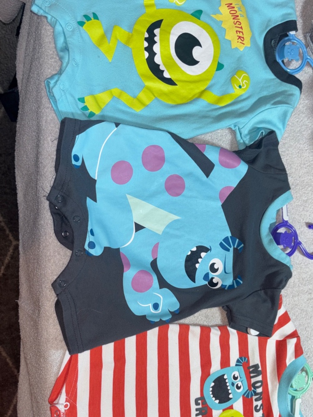 Monsters, Inc. Baby Onesie Set - Bright Blue, Aqua & Red Stripes